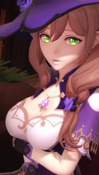 Rule 34 | 1boy, 1girl, aether (genshin impact), ambrosine92, animated, breasts, brown hair, cleavage, coin, coin flip, genshin impact, gloves, green eyes, hat, highres, lisa (genshin impact), looking at viewer, pov, video, witch hat