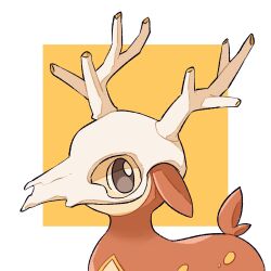 Rule 34 | antlers, commentary, cosplay, creatures (company), cubone, cubone (cosplay), deer, deerling, english commentary, from side, game freak, gen 1 pokemon, gen 5 pokemon, highres, horns, looking at viewer, nintendo, no humans, orange background, pokemon, pokemon (creature), skull, solo, teletelo, two-tone background, white background