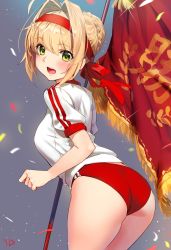 Rule 34 | 10s, 1girl, absurdres, ahoge, ass, blonde hair, blush, braid, buruma, confetti, fate/extra, fate (series), flag, french braid, green eyes, hair intakes, highres, long hair, looking at viewer, nero claudius (fate), nero claudius (fate) (all), nero claudius (fate/extra), nero claudius (olympian bloomers) (fate), official alternate costume, smile, solo, thighs, yd (orange maru)