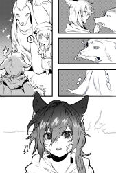 Rule 34 | 2girls, :o, afghan hound, animal ear fluff, animal ears, argos (ff14), warrior of light (ff14), bandaid, bandaid on face, beret, cat ears, chinese commentary, comic, commentary request, dog, final fantasy, final fantasy xiv, greyscale, hair between eyes, hand up, hat, heichuan mocha naigaita, highres, hood, hood down, lalafell, looking at viewer, medium hair, miqo&#039;te, mixed-language commentary, monochrome, mouth hold, multiple girls, notice lines, open mouth, sparkle, speech bubble, spoken sweatdrop, standing, surprised, sweatdrop, tataru taru