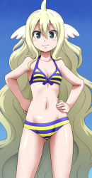 Rule 34 | 1girl, awa, bikini, blonde hair, blue background, bow, bow bikini, breasts, closed mouth, commentary request, cowboy shot, fairy tail zero, gluteal fold, gradient background, green eyes, hands on own hips, head wings, highres, long hair, looking at viewer, mavis vermilion, multicolored stripes, navel, small breasts, smile, solo, standing, striped bikini, striped clothes, swimsuit, very long hair, wings
