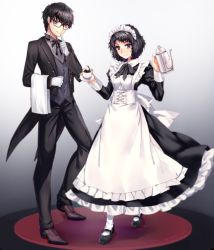 Rule 34 | 10s, 1boy, 1girl, alternate costume, apron, butler, cup, curly hair, finger to mouth, formal, glasses, gloves, kawakami sadayo, long skirt, looking at viewer, maid, maid apron, maid headdress, neck ribbon, open mouth, persona, persona 5, ribbon, short hair, simple background, skirt, smile, tea kettle, teacup, waistcoat, white gloves, yaoto