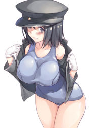 Rule 34 | 10s, 1girl, akitsu maru (kancolle), black eyes, black hair, blue eyes, breasts, cowboy shot, gloves, hat, huge breasts, jacket, kantai collection, large breasts, lips, looking at viewer, mikage sekizai, one-piece swimsuit, peaked cap, shirt down, short hair, simple background, solo, standing, swimsuit, white background, white gloves
