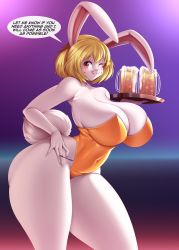 Rule 34 | 1girl, blonde hair, breasts, carrot (one piece), cleavage, curvy, furry, gradient background, highleg, highleg leotard, highres, huge breasts, leotard, looking at viewer, mleonheart, one piece, orange leotard, playboy bunny, rabbit ears, rabbit girl, rabbit tail, shiny clothes, smile, solo, thong leotard, wide hips