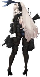 Rule 34 | 1girl, absurdres, ammunition pouch, an-94, an-94 (girls&#039; frontline), animal ears, aqua eyes, aqua hair, assault rifle, backless leotard, backless outfit, black leotard, fake animal ears, fishnet pantyhose, fishnets, from behind, fte (fifteen 199), full body, girls&#039; frontline, gun, harness, headset, high heels, highres, holding, holding gun, holding weapon, holster, leotard, long hair, pantyhose, playboy bunny, pouch, rabbit ears, rabbit tail, rifle, shrug (clothing), standing, strapless, strapless leotard, tail, thigh holster, thigh pouch, weapon, white background, wrist cuffs