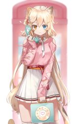 Rule 34 | :&lt;, ahoge, animal ear fluff, animal ears, antique phone, arm cutout, bad id, bad pixiv id, bag, bangs pinned back, bare shoulders, belt, blonde hair, blue eyes, blush, bow, breasts, choker, clothing cutout, commentary, cowboy shot, hair between eyes, hair ornament, hairclip, heterochromia, high-waist skirt, holding, holding bag, holding phone, long hair, looking at viewer, medium breasts, mid (gameshe), original, phone, phone booth, pink sweater, pleated skirt, ribbon, ribbon choker, rotary phone, shoulder cutout, skirt, sleeve ribbon, solo, standing, sweater, tail, thighhighs, very long hair, white bow, white ribbon, white skirt, yellow eyes