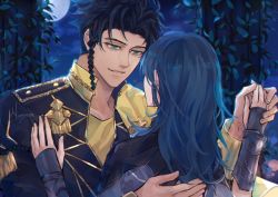 Rule 34 | 1boy, 1girl, black hair, black jacket, blue hair, braid, byleth (female) (fire emblem), byleth (fire emblem), claude von riegan, column, couple, dancing, fire emblem, fire emblem: three houses, full moon, gold trim, green eyes, grey shirt, hand on another&#039;s back, hand on another&#039;s chest, hetero, holding hands, jacket, long hair, looking at another, moon, ningyo, nintendo, outdoors, parted bangs, parted lips, pillar, plant, shirt, short hair with long locks, side braid, smile, upper body, vines, yellow shirt