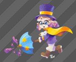 Rule 34 | 1girl, 3d rod!, :o, a hat in time, artist name, blue eyes, boots, brown footwear, cape, cosplay, from side, full body, hat, hat kid, hat kid (cosplay), highres, holding, holding umbrella, inkling player character, long sleeves, multicolored hair, nintendo, open mouth, paint, pants, pink hair, running, short hair, solo, splatoon (series), tentacle hair, top hat, umbrella, white hair, white pants