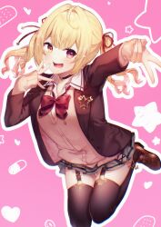 Rule 34 | 1girl, :d, black thighhighs, blazer, blonde hair, bow, brown footwear, brown jacket, cardigan, collared shirt, commentary request, dress shirt, grey skirt, hair intakes, hair ribbon, heart, heterochromia, highres, hoshikawa sara, hoshikawa sara (4th costume), jacket, kitasaya ai, loafers, long hair, long sleeves, looking at viewer, nijisanji, open clothes, open jacket, open mouth, outline, outstretched arm, pink background, pink cardigan, pleated skirt, red bow, red eyes, red ribbon, ribbon, school uniform, shirt, shoes, skirt, sleeves past wrists, smile, solo, standing, standing on one leg, star (symbol), striped clothes, striped skirt, thighhighs, twintails, v, vertical-striped clothes, vertical-striped skirt, virtual youtuber, white outline, white shirt, yellow eyes