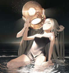 Rule 34 | 10s, 1girl, 2016, androgynous, artist name, bare shoulders, barefoot, black dress, diving helmet, dress, eyebrows, glowing, grey eyes, hair between eyes, hand in another&#039;s hair, hand on another&#039;s head, helmet, holding another&#039;s hair, holding hands, long hair, ocean, original, outdoors, parted lips, partially submerged, rain, silver hair, sitting, sky, strap slip, tears, throtem, twilight, wet