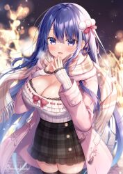 Rule 34 | 1girl, :d, blue hair, blurry, blurry background, blush, bow, breasts, breath, cleavage, coat, commentary request, depth of field, frilled skirt, frills, grey skirt, hair between eyes, hair bow, hands up, large breasts, long sleeves, looking at viewer, mitsuba choco, night, open clothes, open coat, open mouth, original, outdoors, pink coat, plaid, plaid scarf, plaid skirt, purple eyes, red bow, scarf, shirt, skirt, sleeves past wrists, smile, solo, steepled fingers, twitter username, white scarf, white shirt