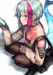 Rule 34 | 1girl, absurdres, admiral graf spee (azur lane), admiral graf spee (peaceful daily life) (azur lane), alternate costume, aran sweater, azur lane, bag, blue eyes, blunt bangs, blush, boots, breasts, cable knit, closed mouth, denchu (kazudentyu), fins, fish tail, handbag, highres, holding, holding phone, long sleeves, multicolored hair, off-shoulder sweater, off shoulder, pantyhose, phone, red hair, short hair, sidelocks, silver hair, small breasts, solo, squatting, streaked hair, sweater, tail, torn clothes, torn pantyhose