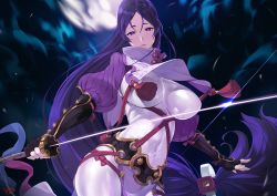 Rule 34 | 1girl, arm guards, black gloves, bodysuit, breasts, cloud, cloudy sky, covered navel, elbow gloves, fate/grand order, fate (series), fingerless gloves, gloves, hip focus, holding, holding weapon, katana, large breasts, long hair, looking at viewer, minamoto no raikou (fate), moon, night, night sky, parted lips, purple eyes, purple hair, purple shirt, rope, shirt, signature, sky, solo, sword, tassel, turtleneck, very long hair, weapon, wind, wind lift, yd (orange maru)
