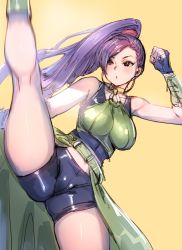 Rule 34 | 1girl, bare shoulders, belt, bow (bhp), breasts, dragon quest, dragon quest xi, high kick, kicking, large breasts, leg lift, long hair, martina (dq11), midriff, motion blur, purple eyes, purple hair, short shorts, shorts, simple background, solo, split, spread legs, standing, standing on one leg, thighs, yellow background