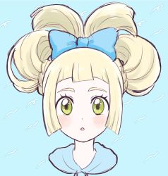 Rule 34 | 1girl, :o, alternate hairstyle, blonde hair, blue bow, blush, bow, commentary request, creatures (company), eyelashes, flower, game freak, green eyes, hair flower, hair ornament, hair rings, highres, lillie (pokemon), long hair, nintendo, parted lips, pokemon, pokemon sm, portrait, sketch, solo, zume (su zume5)