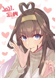 Rule 34 | 1girl, ahoge, alakoala, blue eyes, brown hair, chocolate, commentary request, dated, double bun, finger in own mouth, grey sweater, hair bun, heart, heart ahoge, highres, kantai collection, kongou (kancolle), long hair, solo, sweater, upper body, valentine, white background