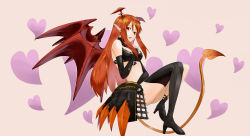 Rule 34 | 1girl, asymmetrical clothes, bare shoulders, breasts, demon girl, elbow gloves, female focus, full body, gloves, high heels, highres, horns, long hair, lord of vermilion, nanao udon, open mouth, orange hair, pointy ears, red eyes, shoes, single thighhigh, single wing, solo, demon girl, succubus (lord of vermilion), tail, thighhighs, wings