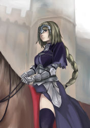 Rule 34 | 1girl, armor, armored dress, blonde hair, braid, capelet, dress, fate/apocrypha, fate (series), gauntlets, headpiece, highres, horse, jeanne d&#039;arc (fate), jeanne d&#039;arc (ruler) (fate), long hair, purple eyes, purple thighhighs, riding, single braid, solo, thighhighs, venezia (fanfoo)