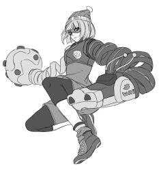 Rule 34 | 1girl, arms (game), beanie, bike shorts, boxing gloves, chinese clothes, dragon, facepaint, food, full body, greyscale, hat, kamu (kamuuei), leggings, leggings under shorts, looking at viewer, mask, min min (arms), monochrome, noodles, pantyhose, short hair, shorts, solo
