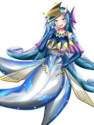 Rule 34 | + +, 1girl, amabie (yu-gi-oh!), bare shoulders, blue hair, blue nails, blush, breasts, duel monster, fingerless gloves, fins, gloves, gradient eyes, hair ornament, hand on own hip, hand to own mouth, head fins, highres, long hair, mermaid, monster girl, multicolored eyes, nail polish, open mouth, purple eyes, sabato7144, simple background, solo, star (symbol), star hair ornament, white background, yellow eyes, yu-gi-oh!