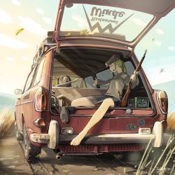 Rule 34 | 1girl, absurdres, artist name, autumn, barefoot, closed eyes, commission, dog, green hair, gun, hat, highres, holding, holding gun, holding weapon, jettoburikku, open mouth, original, pixiv commission, scenery, sitting, vehicle focus, volkswagen, weapon
