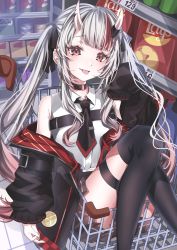 Rule 34 | 1girl, absurdres, belt collar, black jacket, black necktie, black skirt, black thighhighs, blunt bangs, blush, collar, commentary request, cray, gradient hair, hair between eyes, highres, hololive, horns, indoors, jacket, long hair, looking at viewer, multicolored hair, nakiri ayame, nakiri ayame (streetwear), necktie, open clothes, open jacket, pleated skirt, red eyes, red hair, shelf, shirt, shopping cart, sidelocks, sitting, skin-covered horns, skirt, sleeveless, sleeveless shirt, solo, streaked hair, thigh strap, thighhighs, tongue, tongue out, twintails, virtual youtuber, white hair, white shirt