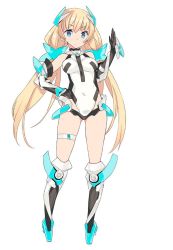 Rule 34 | 1girl, angela balzac, blade (galaxist), blonde hair, blue eyes, blush, breasts, covered navel, elbow gloves, gloves, hand up, headgear, leotard, long hair, looking at viewer, low twintails, open mouth, rakuen tsuihou, simple background, solo, thigh strap, twintails, very long hair, waving, white background