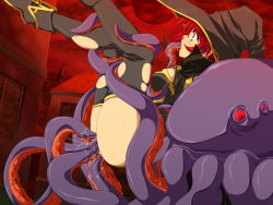 Rule 34 | 1girl, all the way through, game cg, hat, held up, monster, purple eyes, red hair, tagme, tamiya akito, tentacles, thighhighs, witch hat, zanjibaru