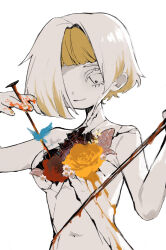 Rule 34 | 1girl, ambiguous red liquid, bare shoulders, blonde hair, closed mouth, colored skin, commentary request, cracked skin, flower, hair over one eye, hands up, highres, holding, holding nail, kromer (project moon), leaf, limbus company, mochigome 138, multicolored hair, nail, project moon, red flower, red rose, rose, short hair, smile, solo, splatter, two-tone hair, upper body, white eyes, white flower, white hair, white skin, yellow flower, yellow nails, yellow rose
