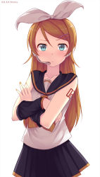 Rule 34 | 1girl, :/, blue eyes, bow, caidychen, commentary request, cosplay, crossed arms, face, hair bow, hair ornament, hairclip, headset, highres, kagamine rin, kagamine rin (cosplay), kousaka kirino, long hair, looking at viewer, nail polish, orange hair, orange nails, ore no imouto ga konna ni kawaii wake ga nai, simple background, solo, vocaloid, white background