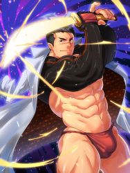 Rule 34 | 1boy, abs, ass, bara, biceps, black hair, bulge, facial hair, fighting stance, forked eyebrows, fundoshi, glowing, glowing sword, glowing weapon, goatee, highres, holding, holding sword, holding weapon, jacket, jacket on shoulders, japanese clothes, male focus, male underwear, mature male, muscular, muscular male, navel, nipples, no pants, pointy ears, red fundoshi, red male underwear, scar, scar on face, scar on nose, short hair, shrug (clothing), sideburns, skin tight, smirk, solo, standing, stomach, sword, tepen (tptptpn), thick thighs, thighs, tokyo houkago summoners, undercut, underwear, weapon, wind, yoritomo (housamo)