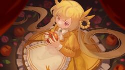 Rule 34 | 1girl, apple, apron, blonde hair, closed mouth, collared dress, curtains, dress, food, fruit, highres, holding, holding food, holding fruit, lierenfelon, long hair, long sleeves, looking at viewer, pink eyes, shian (synthesizer v), sitting, solo, synthesizer v, twintails, very long hair, yellow dress