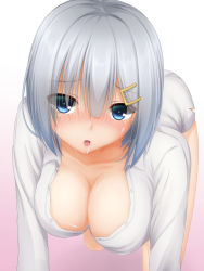 Rule 34 | 10s, 1girl, all fours, blue eyes, blush, breasts, collarbone, drooling, eyes visible through hair, gradient background, hair ornament, hairclip, hamakaze (kancolle), hanging breasts, kantai collection, large breasts, long sleeves, looking at viewer, naked shirt, nose blush, open mouth, pink background, saliva, shirt, silver hair, simple background, solo, tapisuke, unbuttoned, unbuttoned shirt, white background, white shirt