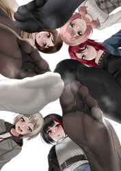 Rule 34 | 5girls, absurdres, aoba moca, aqua eyes, bang dream!, belt, black belt, black hair, black jacket, black pantyhose, black thighhighs, blue eyes, blush, brown hair, brown sweater, character request, closed mouth, commentary request, commission, feet, foot focus, from behind, greek toe, grey hair, grey hoodie, grey jacket, highres, hood, hoodie, jacket, looking at viewer, multicolored hair, multiple girls, no shoes, oirin, open clothes, open jacket, open mouth, pantyhose, parted lips, pixiv commission, plaid, red eyes, red hair, sidelocks, simple background, smell, smile, soles, streaked hair, sweater, thighhighs, toes, turtleneck, turtleneck sweater, uehara himari, white background, white sweater