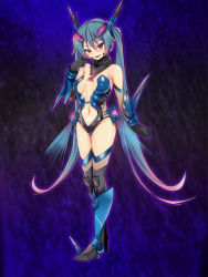 Rule 34 | 1girl, blue eyes, blue footwear, blue hair, blush, bodysuit, boots, breasts, corruption, covered erect nipples, dark persona, full body, gradient hair, hair between eyes, hair ornament, head tilt, long hair, looking at viewer, matching hair/eyes, medium breasts, multicolored hair, navel, okuri banto, open mouth, ore twintail ni narimasu, pink hair, purple eyes, smile, solo, standing, tailblue, thighhighs, tsube aika, twintails, very long hair