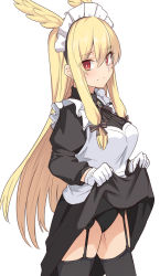 Rule 34 | 1girl, alternate costume, apron, black dress, black panties, black thighhighs, blonde hair, breasts, clothes lift, dress, dress lift, enmaided, fate/grand order, fate (series), garter straps, gloves, hair between eyes, hair ribbon, head wings, large breasts, lifted by self, long hair, long sleeves, maid, maid apron, maid headdress, panties, red eyes, ribbon, shiseki hirame, simple background, solo, thighhighs, thrud (fate), thrud (valkyrie style) (fate), underwear, valkyrie (fate), white apron, white background, white gloves, wings