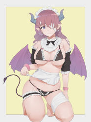 Rule 34 | 1girl, absurdres, apron, bandage over one eye, bandaged leg, bandages, bare shoulders, bat wings, black bra, blue eyes, bow, bra, breasts, bridal garter, cleavage, closed mouth, collarbone, commentary, demon girl, demon horns, demon tail, demon wings, detached collar, detached sleeves, earrings, frills, gradient hair, grain, hair between eyes, hair over one eye, highres, horns, jewelry, kneeling, large breasts, long hair, looking at viewer, maid, maid apron, maid headdress, micro bra, multicolored hair, navel, original, panties, pink bow, pink hair, pointy ears, sidelocks, skindentation, smile, solo, tail, thigh strap, underboob, underwear, white apron, wings, wrist cuffs