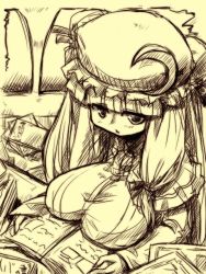 Rule 34 | 1girl, :&lt;, blush, book, breast rest, breasts, capelet, crescent, dress, covered erect nipples, female focus, front ponytail, hat, hirowa nagi, huge breasts, indoors, large breasts, long hair, monochrome, patchouli knowledge, solo, straight hair, sweat, touhou, very long hair, yellow theme