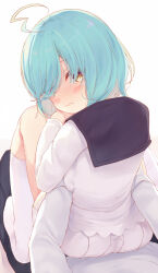 Rule 34 | 1boy, 1girl, ahoge, aqua hair, ass, blush, breasts, closed mouth, frown, hair over one eye, kneehighs, knees to chest, knees up, komone ushio, lap, long sleeves, looking at viewer, medium hair, original, pleated skirt, school uniform, serafuku, shirt, simple background, sitting, sitting on lap, sitting on person, skirt, small breasts, socks, solo focus, sweatdrop, torso grab, twintails, wavy mouth, white background, white shirt, yellow eyes
