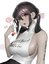 Rule 34 | 1girl, absurdres, bad id, bad pixiv id, black hair, breasts, candy, food, food in mouth, hair between eyes, highres, holding, holding candy, holding food, holding lollipop, lollipop, long hair, mouth hold, norunollu, open mouth, original, print shirt, red eyes, shirt, sideboob, sleeveless, sleeveless shirt, solo, tattoo, twintails, upper body, white background, white shirt