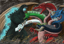 Rule 34 | andrewdefelice, animal ears, battle, biting, blood, character request, claws, cloud, cloudy sky, crossover, dragon, dungeons &amp; dragons, electricity, fighting, glowing, godzilla, godzilla (series), highres, horns, kaijuu, large wings, monster, multiple heads, no humans, open mouth, orange eyes, red scales, scales, sharp teeth, single horn, sky, smoke, tail, teeth, tiamat (dungeons &amp; dragons), western dragon, wings, yellow eyes