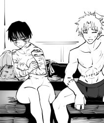 Rule 34 | 1boy, 1girl, absurdres, bad tag, bath, black hair, closed eyes, closing, couple, covering breasts, covering privates, dingotoad, gojou satoru, highres, hot tub, jujutsu kaisen, legs together, monochrome, muscular, muscular male, okkotsu yuuta, onsen, pixie cut, scar, scar on face, scar on forehead, short hair, sitting, stitched arm, stitched torso, stitches, tomboy, touching head, uncomfortable silence, upset expression, white hair, zenin maki