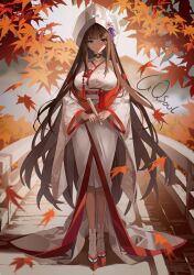 1girl absurdres akagi_(warship_girls_r) animal_ears autumn_leaves breasts brown_hair chichengde_haotidu_afusang choker flower full_body hair_flower hair_ornament highres hood horns japanese_clothes kimono large_breasts leaf long_hair long_sleeves looking_at_viewer maple_leaf obi official_alternate_costume platform_clogs purple_eyes sash socks solo stairs standing uchikake very_long_hair warship_girls_r wataboushi white_kimono white_socks wide_sleeves