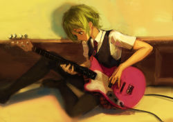 Rule 34 | 1girl, 7ife, absurdres, bass guitar, black pantyhose, black vest, closed mouth, commentary, english commentary, from side, full body, green hair, gumi, highres, indoors, instrument, looking down, music, no shoes, pantyhose, playing instrument, profile, red skirt, shirt, short hair, short sleeves, sitting, skirt, solo, vest, vocaloid, white shirt