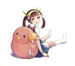 Rule 34 | &gt;:d, 1girl, :d, backpack, bad id, bad pixiv id, bag, bandaid, bandaid on knee, bandaid on leg, bangle, black hair, bracelet, fang, full body, hachikuji mayoi, head tilt, jewelry, kneehighs, looking back, monogatari (series), no shoes, open mouth, red eyes, school uniform, simple background, sitting, smile, socks, solo, suou-sensei, twintails, v-shaped eyebrows, white background, white socks