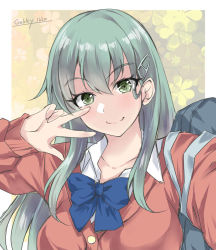 Rule 34 | 1girl, aqua hair, blue bow, blue bowtie, bow, bowtie, cardigan, commentary request, gakky, green eyes, hair ornament, hairclip, kantai collection, long hair, official alternate costume, one-hour drawing challenge, pink cardigan, school uniform, smile, solo, suzuya (kancolle), upper body
