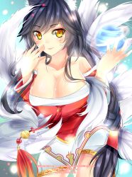 Rule 34 | 1girl, ahri (league of legends), animal ears, bare shoulders, black hair, blush, breasts, cleavage, fox, fox ears, fox tail, highres, large breasts, league of legends, long hair, multiple tails, nekoshei, shiny skin, syoa-kun, tail, yellow eyes