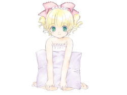 Rule 34 | 00s, 1girl, bare shoulders, blonde hair, bow, camisole, collarbone, drill hair, green eyes, hinaichigo, kneeling, lingerie, looking at viewer, nyoi, pillow, pink bow, ribbon, rozen maiden, short hair, simple background, solo, twin drills, twintails, underwear, white background