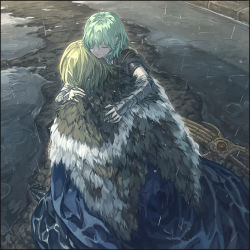 Rule 34 | 1boy, 1girl, arm around neck, blonde hair, blue cape, byleth (female) (fire emblem), byleth (fire emblem), cape, closed eyes, closed mouth, comforting, dimitri alexandre blaiddyd, fire emblem, fire emblem: three houses, from behind, green hair, hair between eyes, harusame (rueken), long hair, nintendo, outdoors, rain, sword, weapon