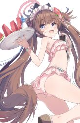 Rule 34 | 1girl, absurdres, ass, bare arms, bare legs, bare shoulders, bikini, blue archive, blush, brown hair, flat chest, flower, food, frilled bikini, frills, fruit, hair flower, hair ornament, halo, headdress, highres, holding, holding tray, long hair, looking at viewer, nimura yuuji, official alternate costume, open mouth, pink bikini, pink flower, pink halo, purple eyes, red flower, salt, shizuko (blue archive), shizuko (swimsuit) (blue archive), simple background, smile, solo, swimsuit, tray, twintails, watermelon, watermelon slice, white background